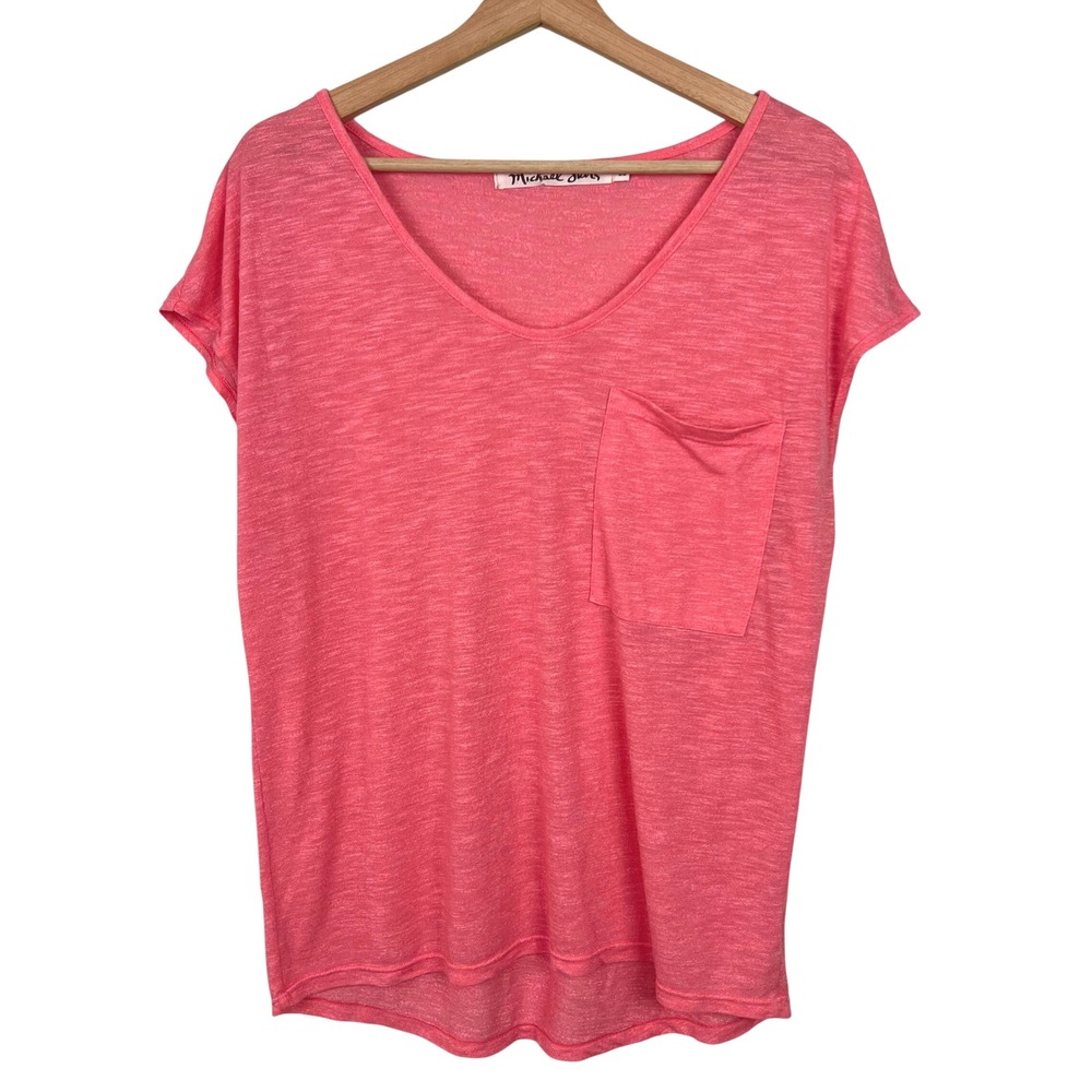 Michael Stars Womens Coral Pink Slub Knit‎ V-Neck Pocket Tee Shirt OS 6915